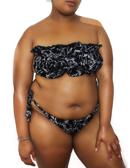 BLACK + WHITE FLORAL RUFFLED BANDEU BIKINI SET